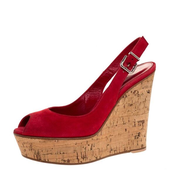 Gianvito Rossi Shoes - Gianvito Rossi Red Suede Leather Cork Wedge Peep Toe Platform Slingback Sandals